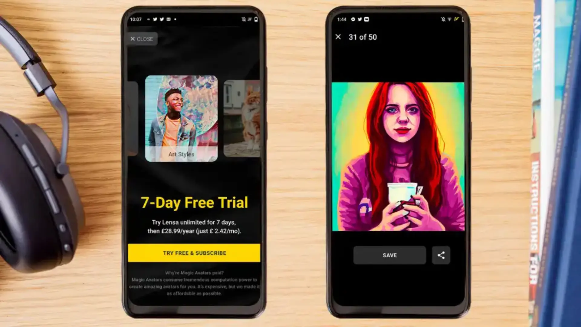 Lensa AI app showing AI photo editor free trial on smartphone