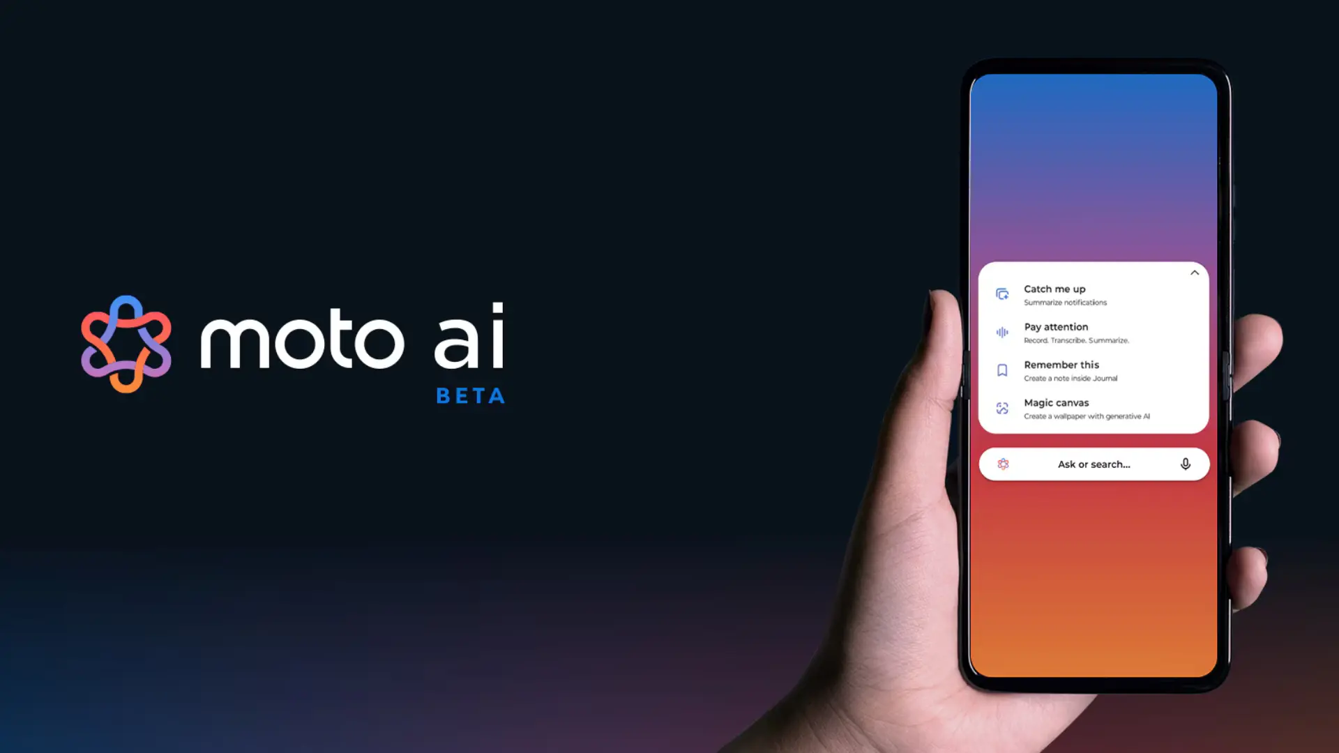 Moto AI app interface displayed on a Motorola smartphone